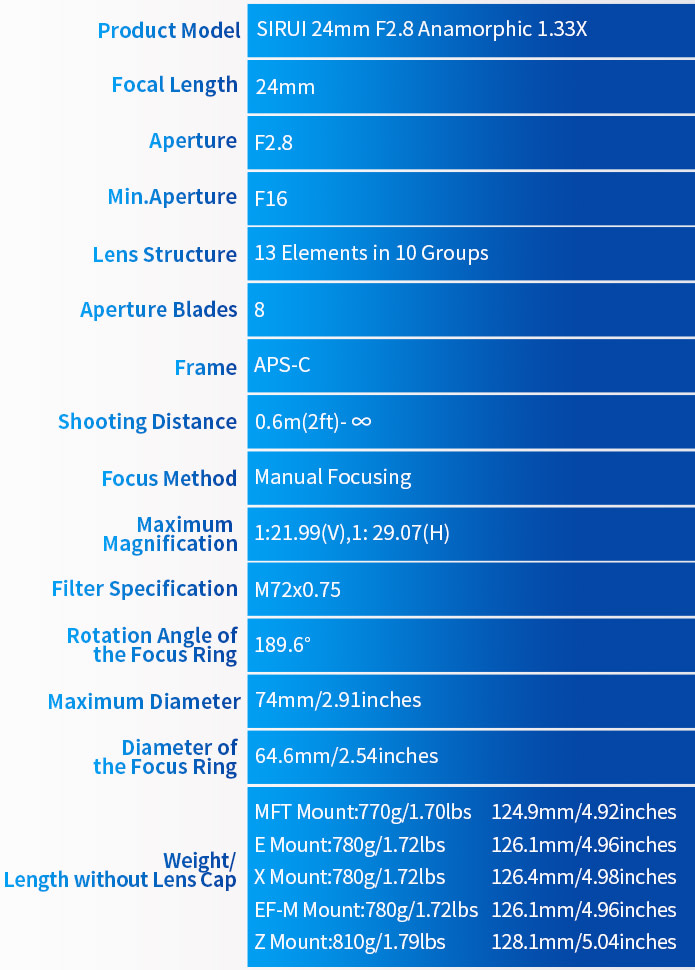 Sirui 24mm f/2.8 1.33x Anamorphic by in - EC MALL