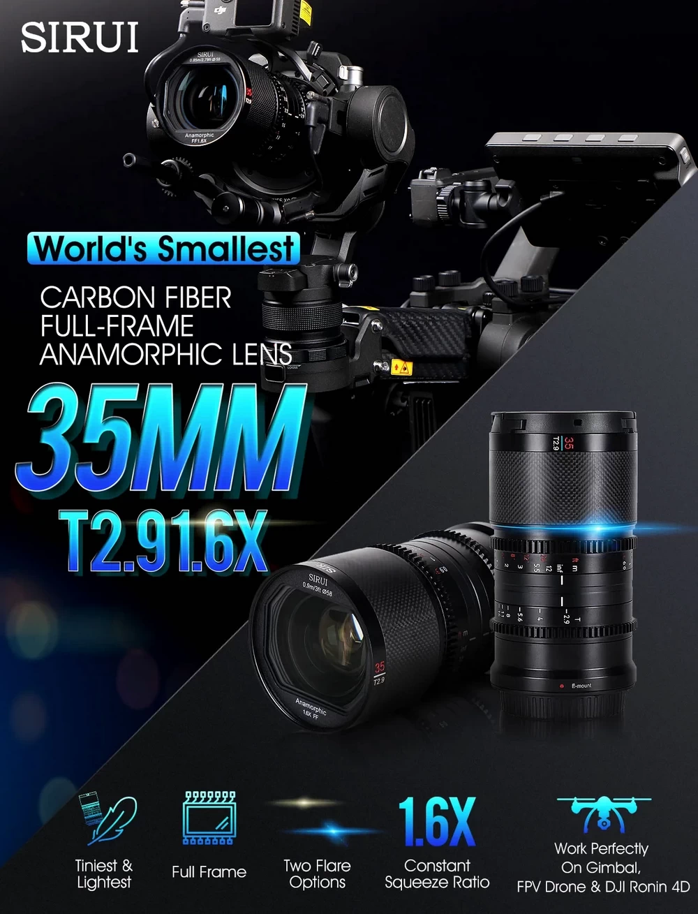 Sirui Saturn 35N 35mm T2.9 1.6x Carbon Fiber Full-Frame Anamorphic Lens (Neutral Flare) by in - EC MALL