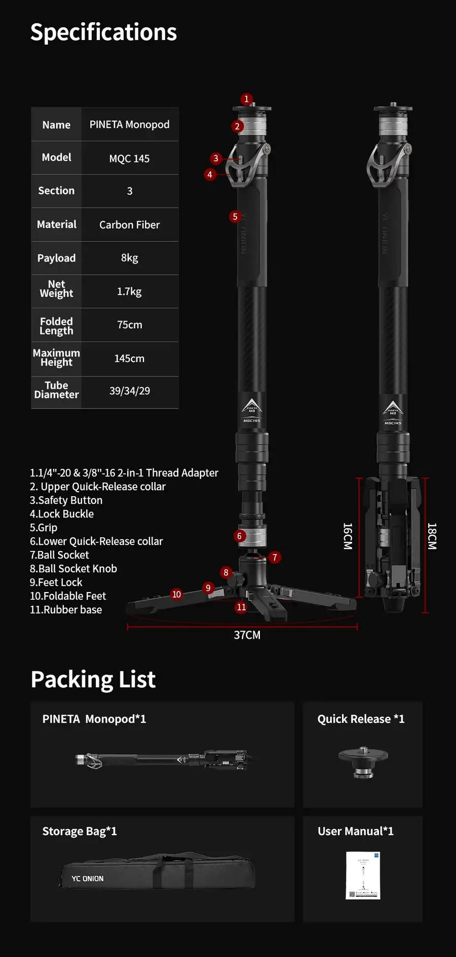 YC Onion PINETA Carbon Fiber Monopod by in - EC MALL