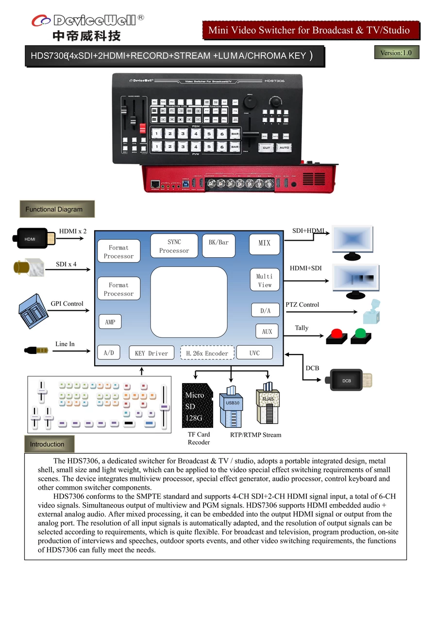 DeviceWell HDS7306 6-CH(4xSDI+2HDMI+RECORD+STREAM) Video Switcher by  in  - EC MALL
