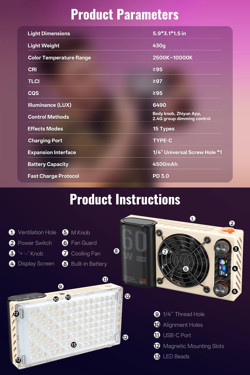 Zhiyun FIVERAY M60 Ultra 60W RGB Pocket Light by  in  - EC MALL