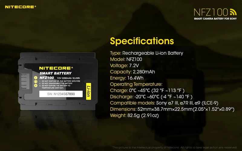 Li-Ion Battery Nitecore NFZ100 Smart Camera Battery for Sony-Detail11