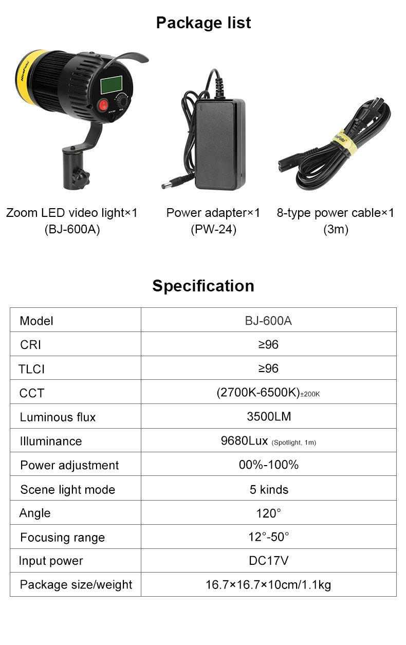 NiceFoto BJ-600A Zoom LED Video Light-Des4