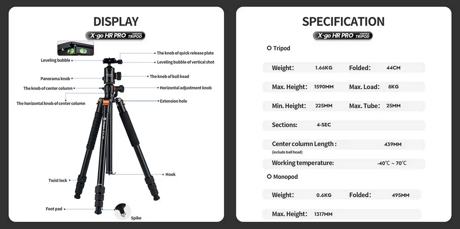 Fotopro X-GO HR PRO Tripod Kit-Des10